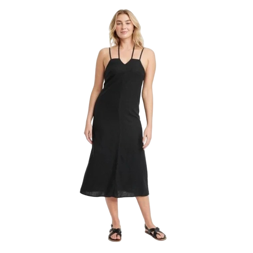 Universal Thread Black Linen Blend Tie Neck Sleeveless Midi Sun Dress Sz XS NWT